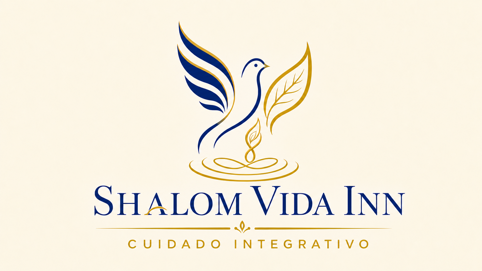 Logotipo da Shalom Vida Inn cuidado integrativo com ilustração de bomba estilizada em tons de dourado voando sobre um fundo bege