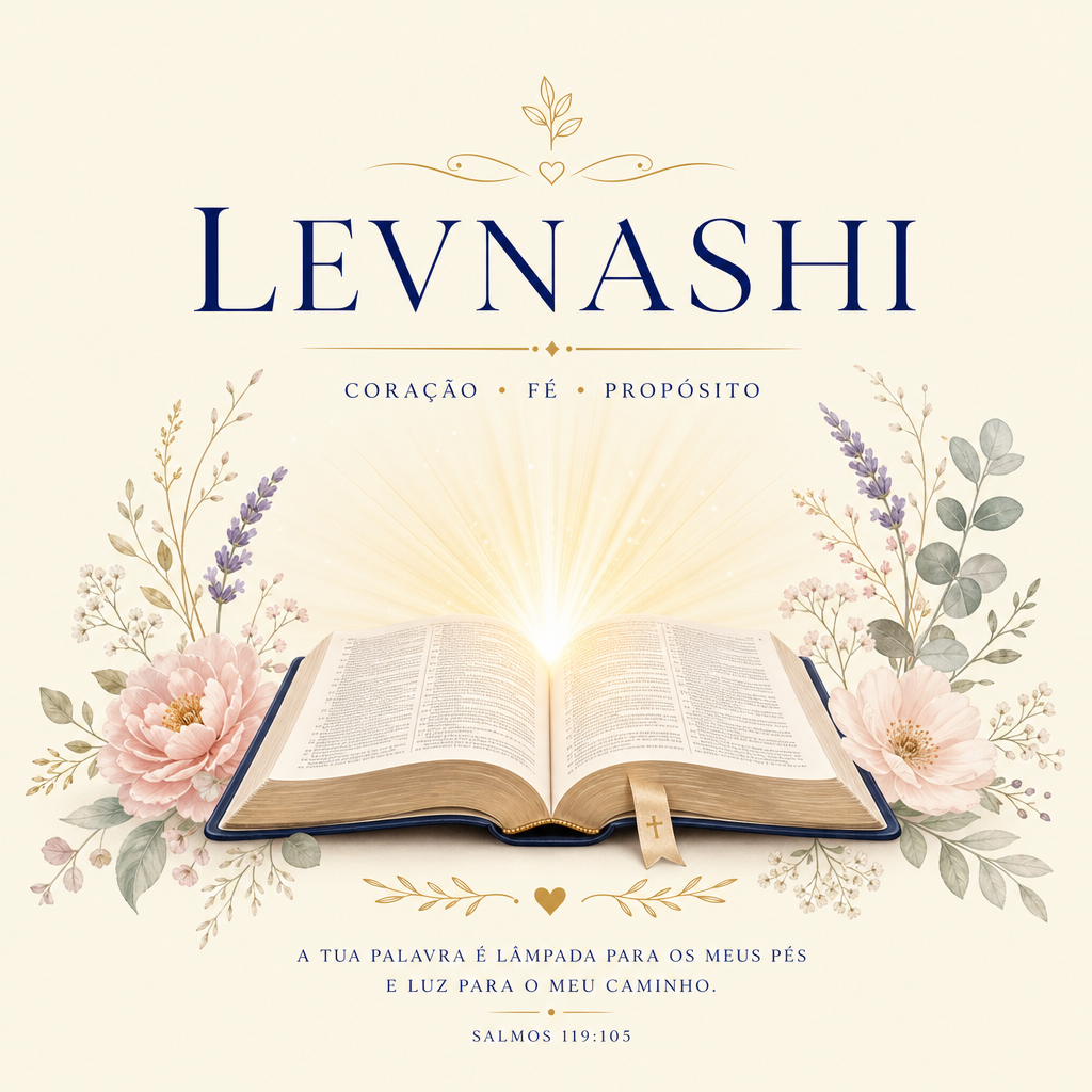 Logotipo da LevNashí com uma biblia aberta ilustrada e ramos de flores delicadas em fundo bege.