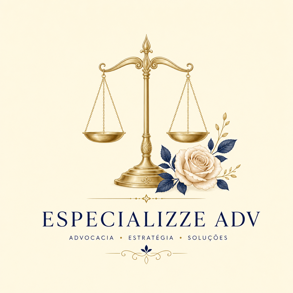 Logotipo da Especializze Adv com uma balança da justiça e flores em fundo bege.